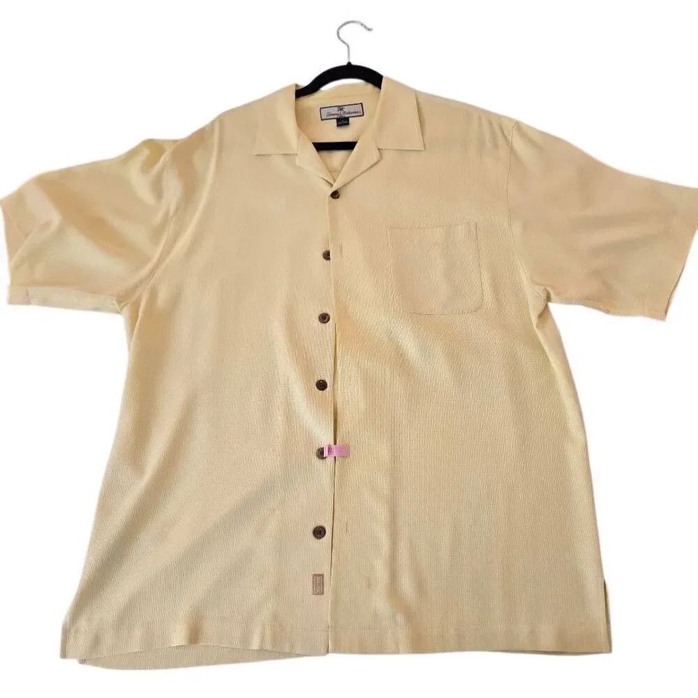 Tommy Bahama Mens Jacquard 100% Silk Button Up Tropical Shirt Pale Yellow Medium